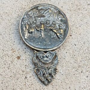Vintage Hans Jensen Denmark Silverplate Hand Mirror Village Scene #23 Drummer
